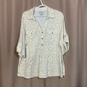 Rebecca Malone 1X Cream Button Down Geometric Print Shirt Roll-Tab Sleeves GUC